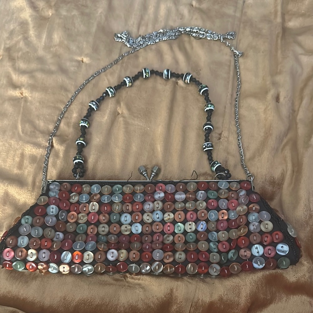 Vintage Multicolor Clutch with Metallic and bead chain.